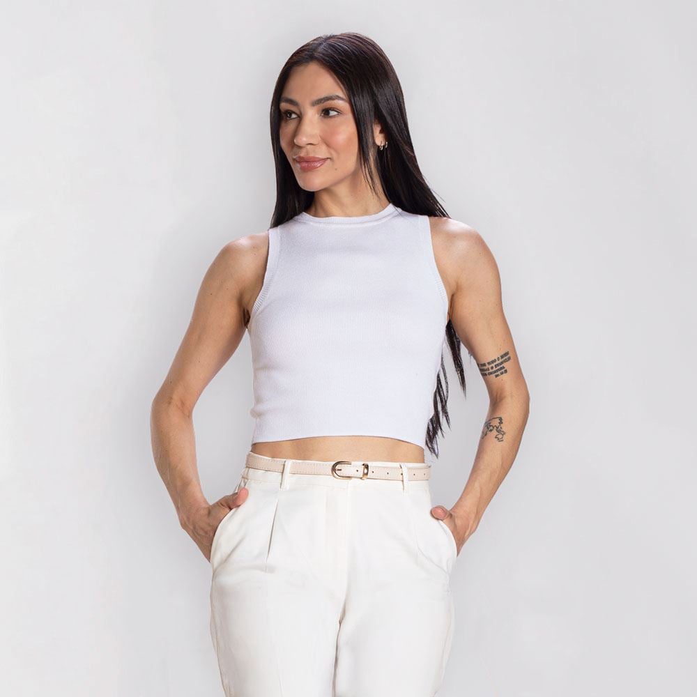 Cropped Regata Feminino Tricot Patricia Foster Branco