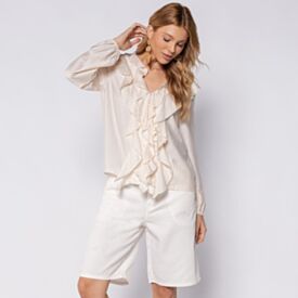 Bermuda Feminina Em Sarja Com Cinto Patricia Foster Off White