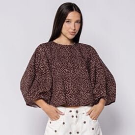 Blusa Feminina Cropped De Póa Patricia Foster Marrom/Off