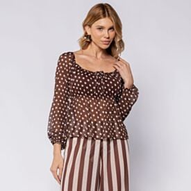 Blusa Feminina Manga Longa Com Lastex Boby Blues Poa Marrom