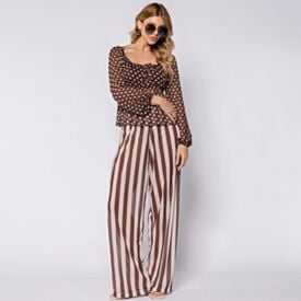Blusa Feminina Manga Longa Com Lastex Boby Blues Poa Marrom