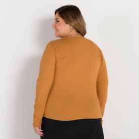 Blusa Plus Size Canelada Decote Redondo Patricia Foster Mais Bege