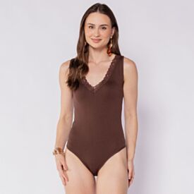 Body Feminino Com Renda Patricia Foster Marrom