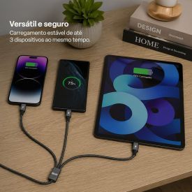Cabo Carregador 3 em 1 Multi Wi501 1,2M Nylon Cinza
