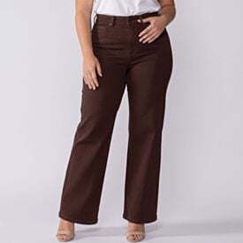 Calça Feminina Wide Leg Plus Size Em Sarja Patricia Foster Mais Marrom