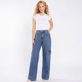 Calça Jeans Feminina Wide Leg Cargo Patricia Foster Azul Medio
