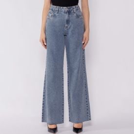 Calça Jeans Feminina Wide Leg Com Strass Boby Blues Azul Medio