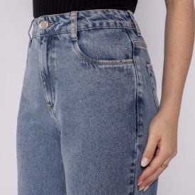 Calça Jeans Feminina Wide Leg Com Strass Boby Blues Azul Medio