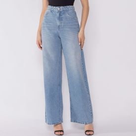 Cal&ccedil;a Jeans Feminina Wide Leg C&oacute;s Com Tran&ccedil;a Patricia Foster Azul Claro