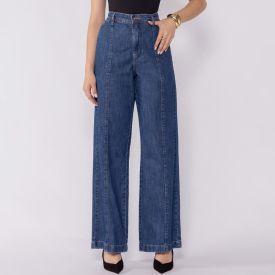 Calça Jeans Feminina Wide Leg Patricia Foster Azul Medio