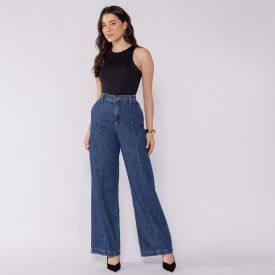 Calça Jeans Feminina Wide Leg Patricia Foster Azul Medio