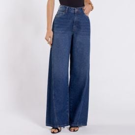 Calça Jeans Feminina Wide Leg Patricia Foster Azul Medio