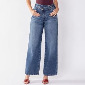 Cal&ccedil;a Jeans Wide Leg Feminina C&oacute;s Deslocado Boby Blues Azul Medio