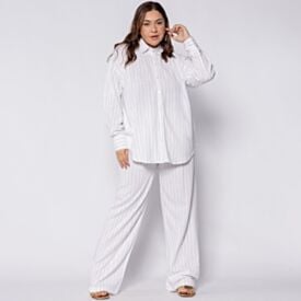 Calça Pantalona Feminina Risca De Giz  Em Viscolinho Patricia Foster Branco / Preto