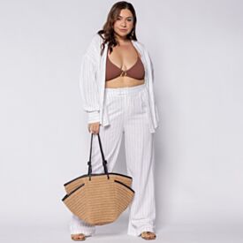Calça Pantalona Feminina Risca De Giz  Em Viscolinho Patricia Foster Branco / Preto