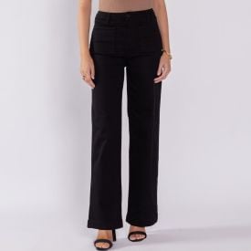 Calça Wide Leg Feminina Com Bolso Frontal Sawary Preto