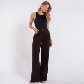 Cal&ccedil;a Wide Leg Feminina Em Sarja Patricia Foster Marrom