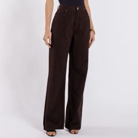 Cal&ccedil;a Wide Leg Feminina Em Sarja Patricia Foster Marrom