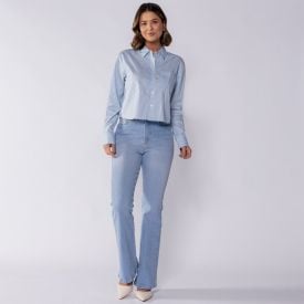 Camisa Cropped Manga Longa Com Bolso Boby Blues Azul / Off White