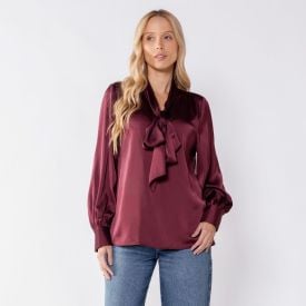 Camisa Feminina De Cetim Com Gola La&ccedil;o Patricia Foster Bordo
