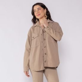 Camisa Feminina Manga Longa Em Sarja Patricia Foster Caqui