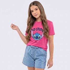 Camiseta Juvenil 12 a 16 Anos Stitch Disney Rosa Balao