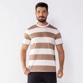 Camiseta Masculina Listrada Em Algod&atilde;o Thing Off C/ Amendoa