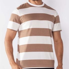 Camiseta Masculina Listrada Em Algod&atilde;o Thing Off C/ Amendoa