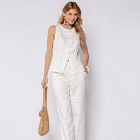Colete Feminino Em Sarja Alongado Boby Blues Poa/Branco/Preto