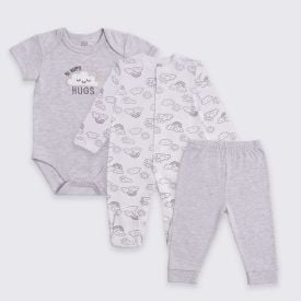 Kit Bebê Macacão, Body e Calça Yoyo Baby Cinza Mescla Nuvens