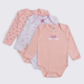 Kit Body Bebê Manga Longa 3 Peças Yoyo Baby Rosa Claro Arco Iris
