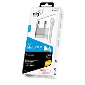 Kit Carregador Parede Tipo C Branco Elg Recarga E Sincronização