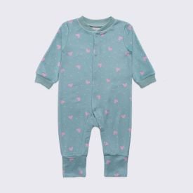 Macacão Bebê Menina Em Plush Com Pé Reversível Yoyo Baby Acqua Coracoes