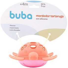 Mordedor em Silicone com Chocalho Tartaruga Buba - Rosa