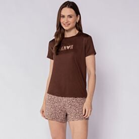 Pijama Feminino Curto Peletizado Camila Moretti Coracoes Marrom
