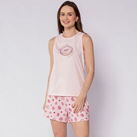 Pijama Feminino Regata Peletizado Camila Moretti Breakfast Rosa