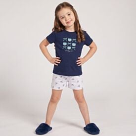 Pijama Infantil Menina 4 a 10 Anos Curto Em Algodão Marmelada Azul Marinho