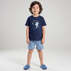 Pijama Infantil Menino 4 a 10 Anos Curto Em Algodão Hot Dog Azul Marinho