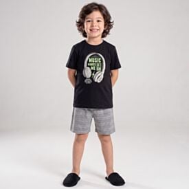 Pijama Infantil Menino Music 4 a 10 Anos Curto Hot Dog Preto