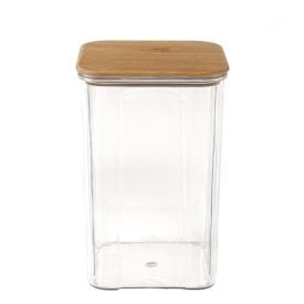 Pote Quadrado De Plástico Com Tampa De Bambu Havan Casa 1,35 Litros - Transparente e Bambu