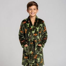 Roupão Infantil m Microfibra Lumini Havan Kids - Dinossauro Verde