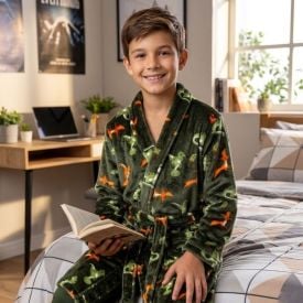 Roupão Infantil m Microfibra Lumini Havan Kids - Dinossauro Verde