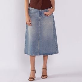 Saia Jeans Feminina Midi Evas&ecirc; Boby Blues Azul Medio