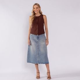 Saia Jeans Feminina Midi Evas&ecirc; Boby Blues Azul Medio
