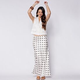 Saia Midi Feminina Em Cetim Patricia Foster Off White / Preto
