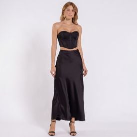 Saia Midi Feminina Em Cetim Patricia Foster Preto