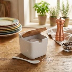 Saleiro de Cerâmica com Tampa e Colher Bianco 10Cm Lyor - Branco