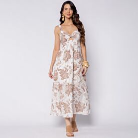 Vestido Feminino Longo Estampado Em Laise Boby Blues Branco/Amendoa