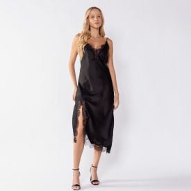 Vestido Midi De Cetim Com Detalhe De Renda Boby Blues Preto
