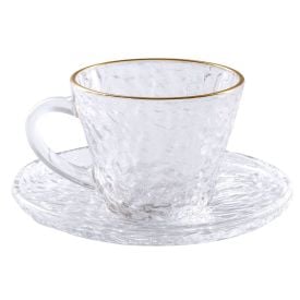 Xícara de Chá com Pires Martelado Cristal Lyor 180Ml - Borda Dourada
